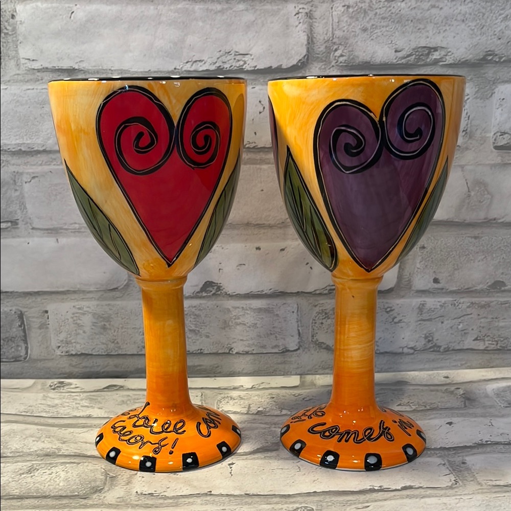 Set of 2 Colorful Heart Design wine Goblets love comes in all colors pottery